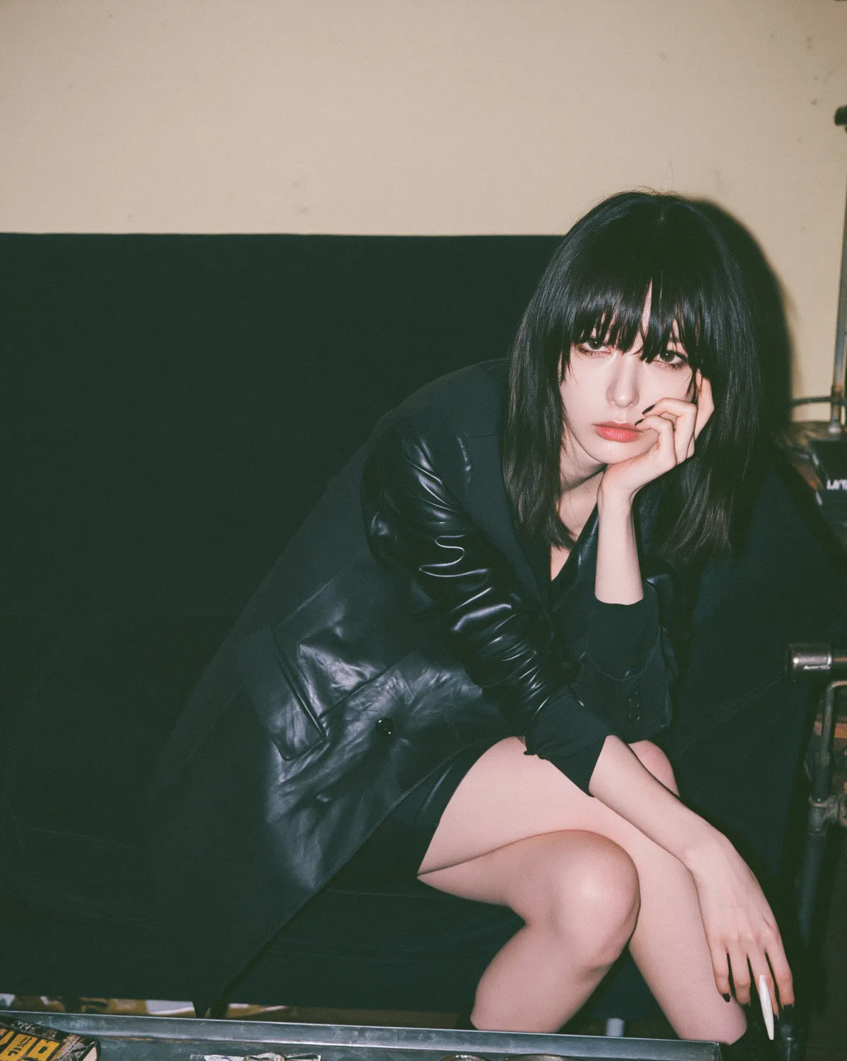 Black Blazer Leather Sleeves Dim Moody Lighting