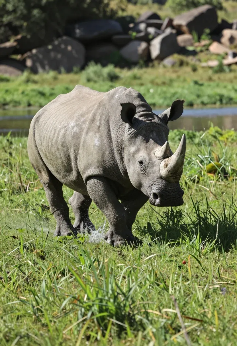 Large Rhinoceros Captured Mid-stride Running Through Lush Green Grassy Field