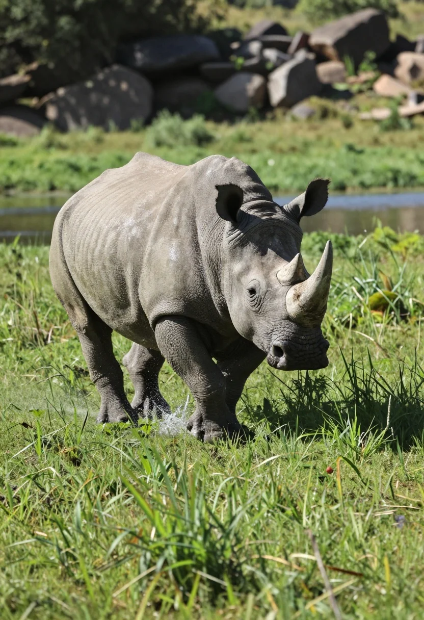 Large Rhinoceros Captured Mid-stride Running Through Lush Green Grassy Field