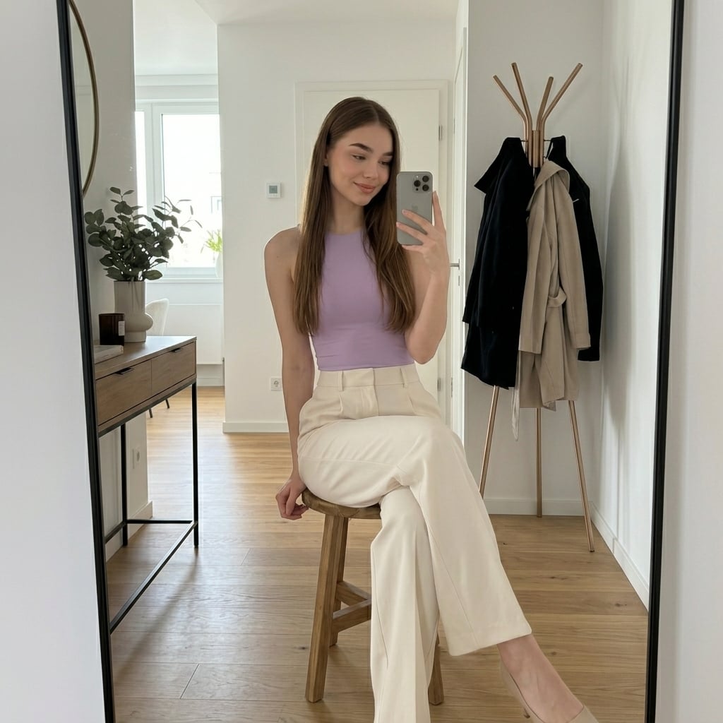 Lavender Top Cream Trousers Mirror Selfie Hallway
