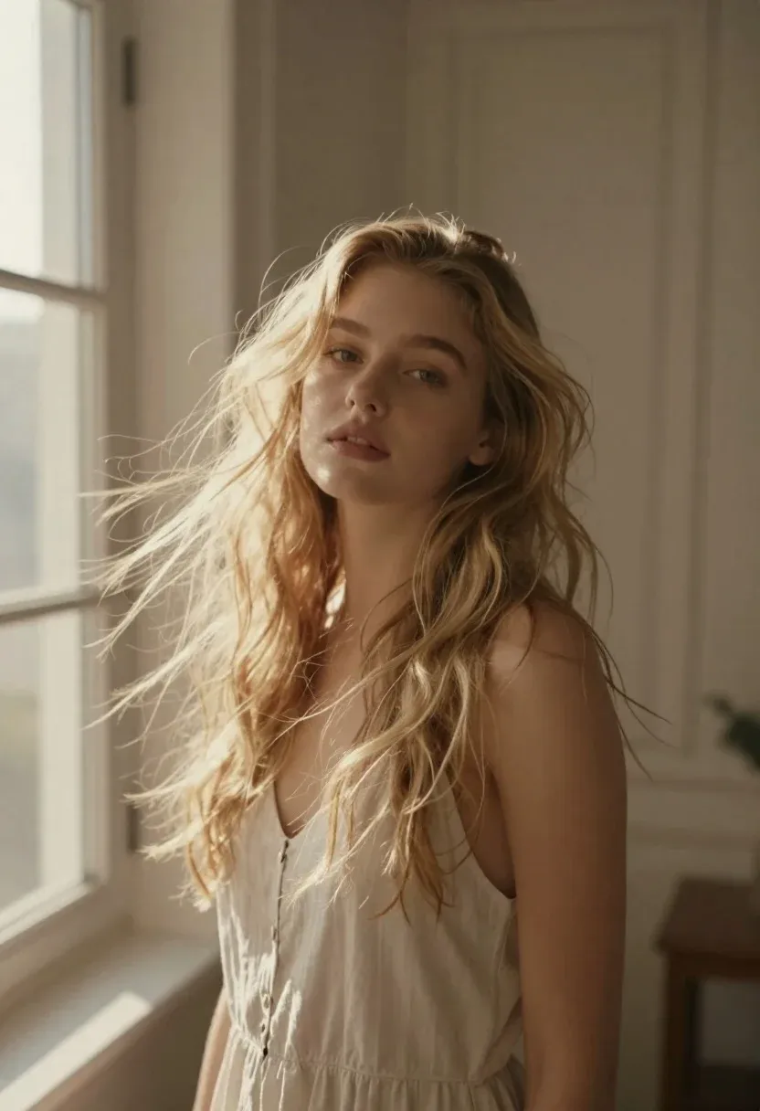 Soft-focus Portrait Young Woman With Long Flowing Blonde Hair Standing