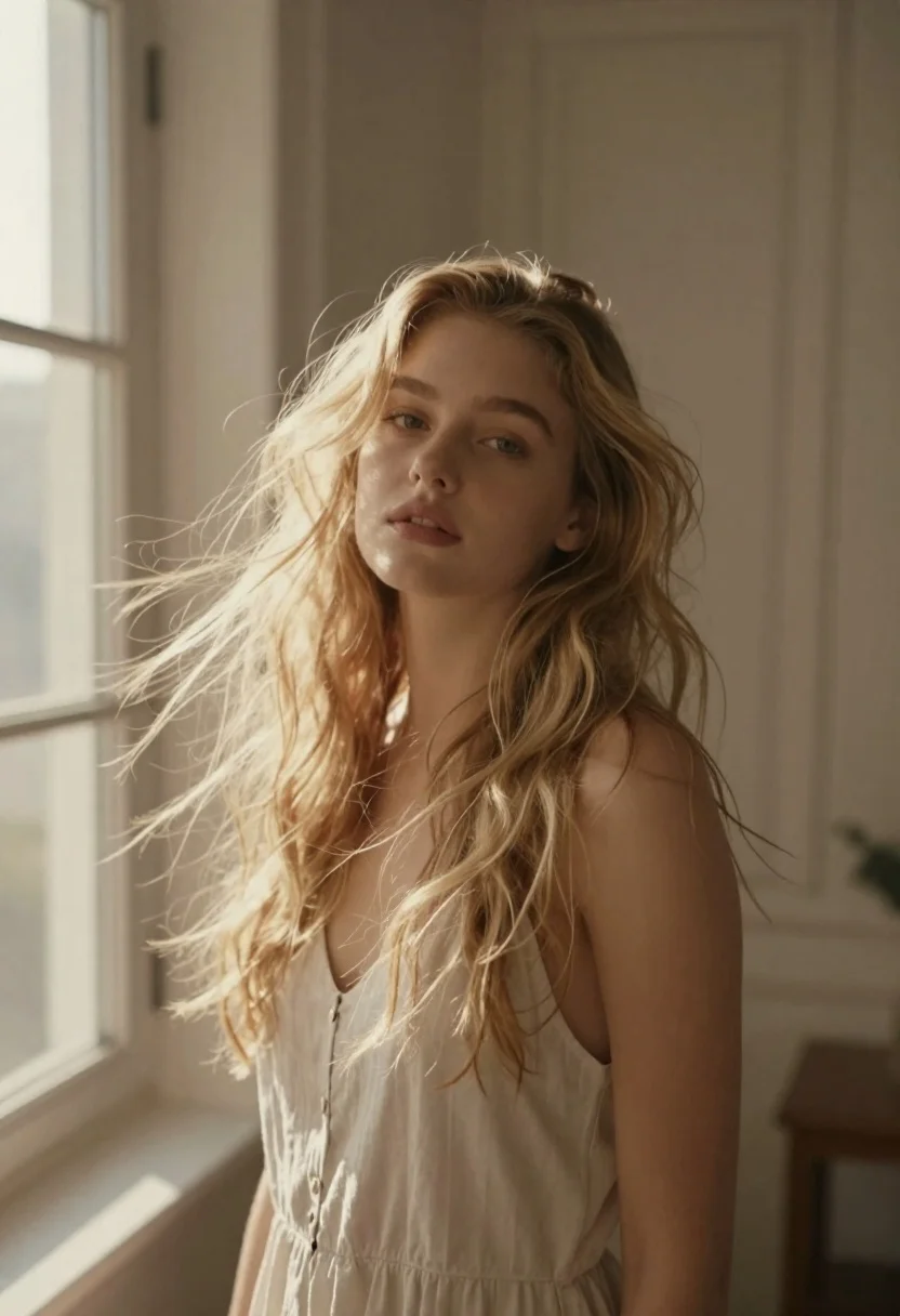 A soft-focus portrait of a young woman with long flowing blonde hair, standing indoors by a window bathed in warm light.