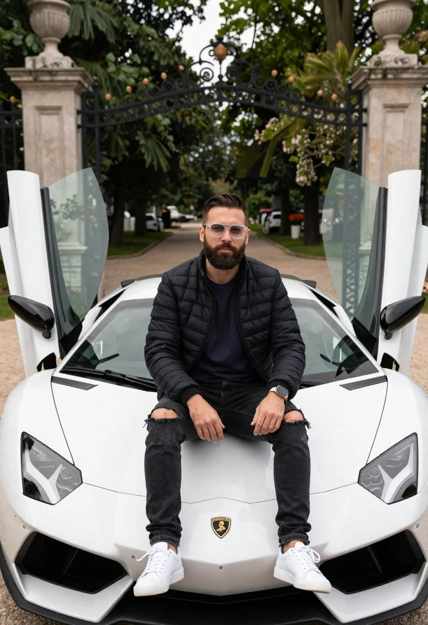 Realistic Portrait-style Shot Man Sitting The Hood White Sports Car reference photo
