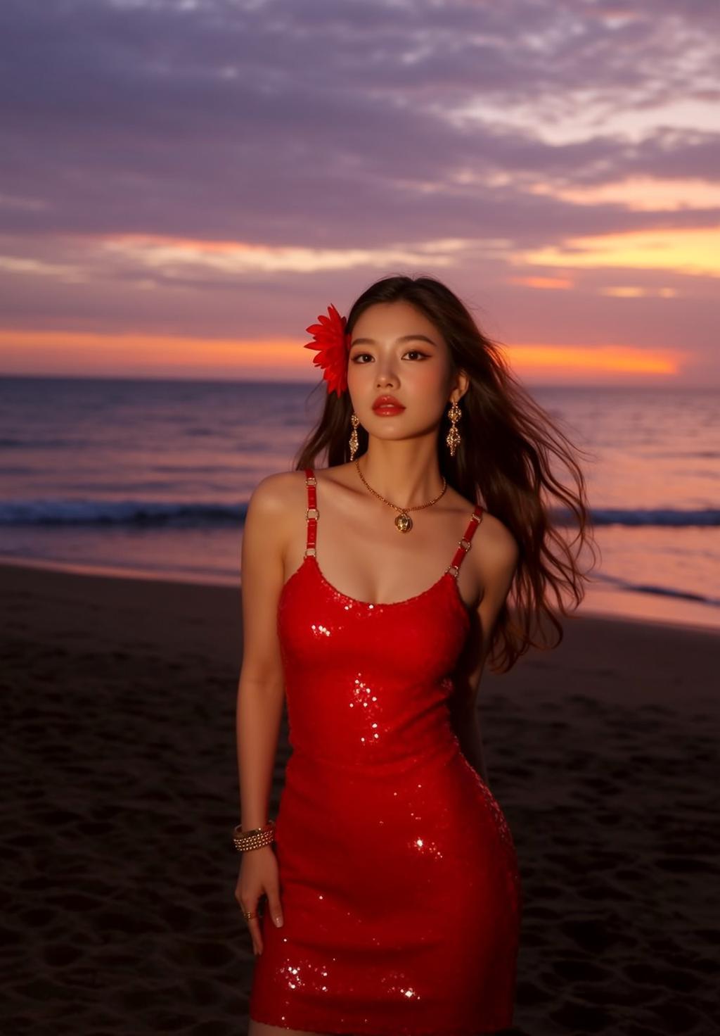Red Sequined Beach Sunset Glam