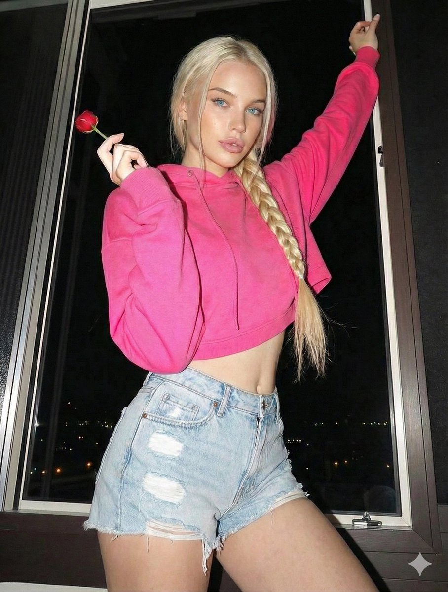 A young woman with a captivating gaze, wearing a hot pink cropped hoodie, leaning against a dark window frame with city lights glowing around her.