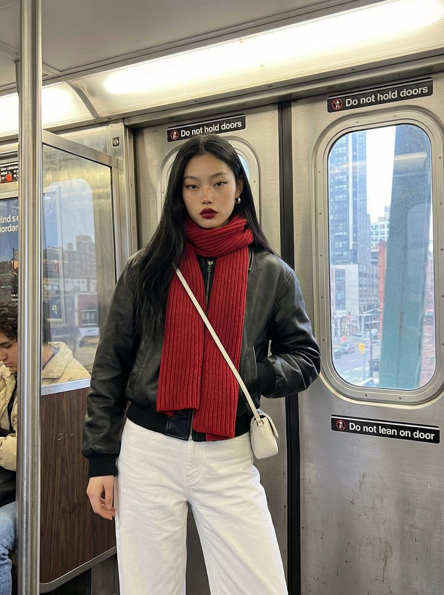 Ultra-photorealistic portrait of a young Asian woman in a black bomber jacket and red scarf, confidently posing in a NYC subway train.