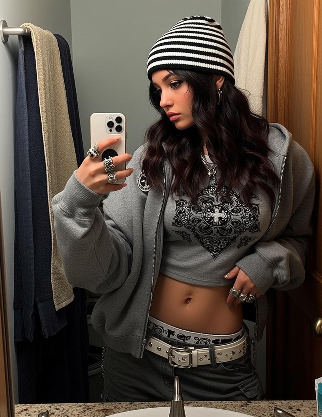 Grey Hoodie Mirror Selfie Bathroom Counter