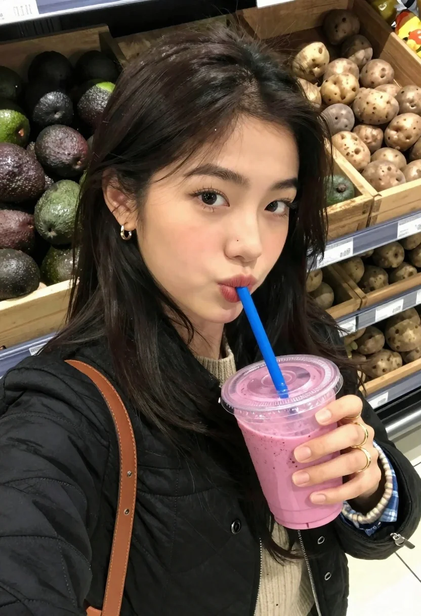 Young Woman With Long Dark Hair Takes Selfie Grocery Store reference photo