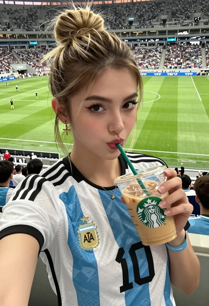 Close-up Selfie Young Woman With Blonde-highlighted Hair Messy Bun Wearing
