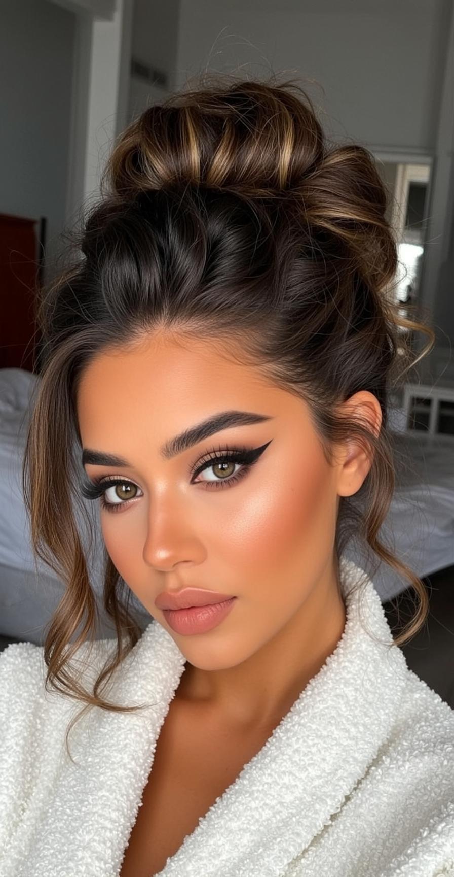 Tanned Woman Messy Bun White Robe Soft Light