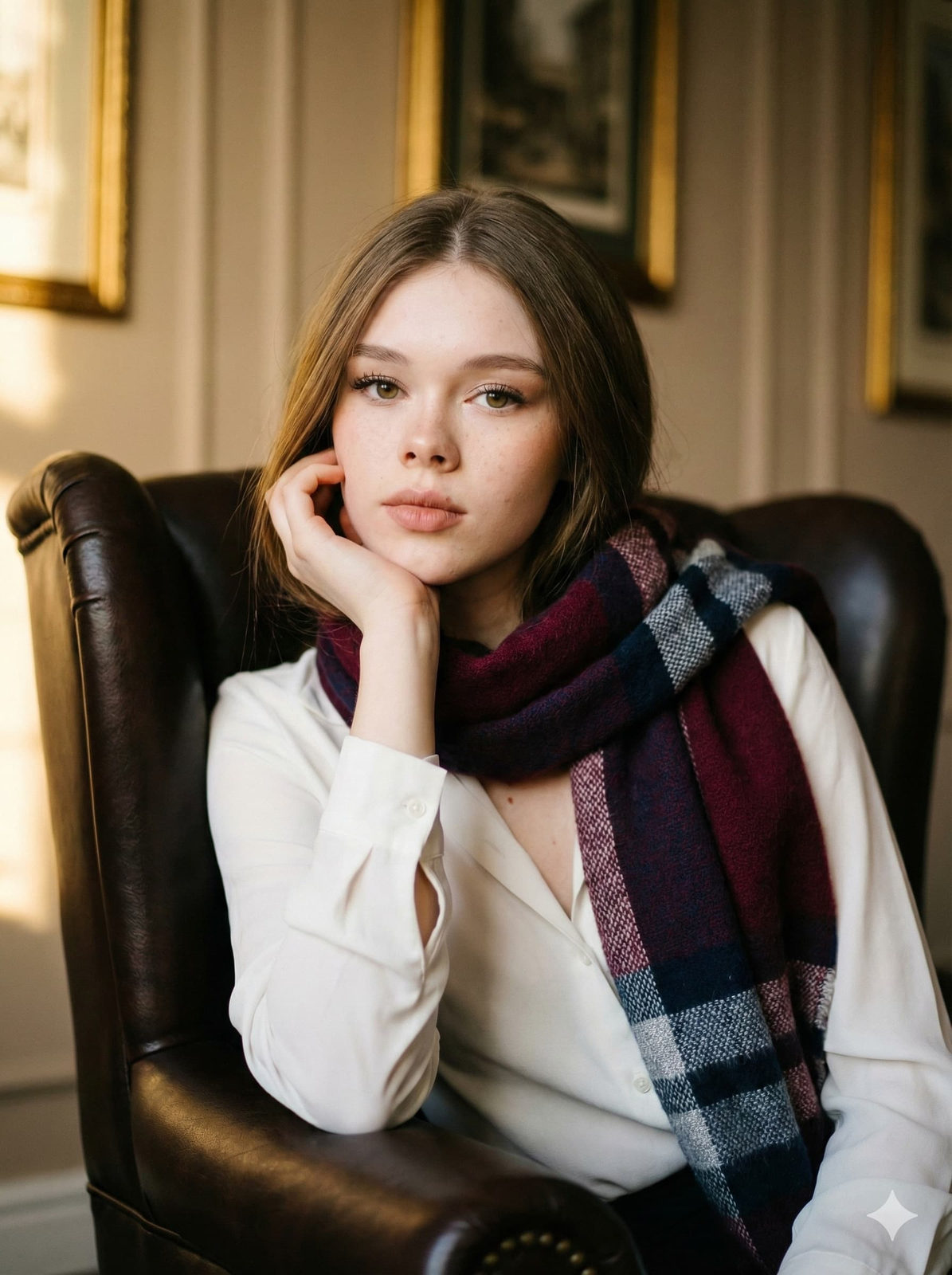 Hyper-realistic studio portrait of a woman with long brown hair, seated in a burgundy leather armchair, wearing a partially unbuttoned blouse and patterned scarf.