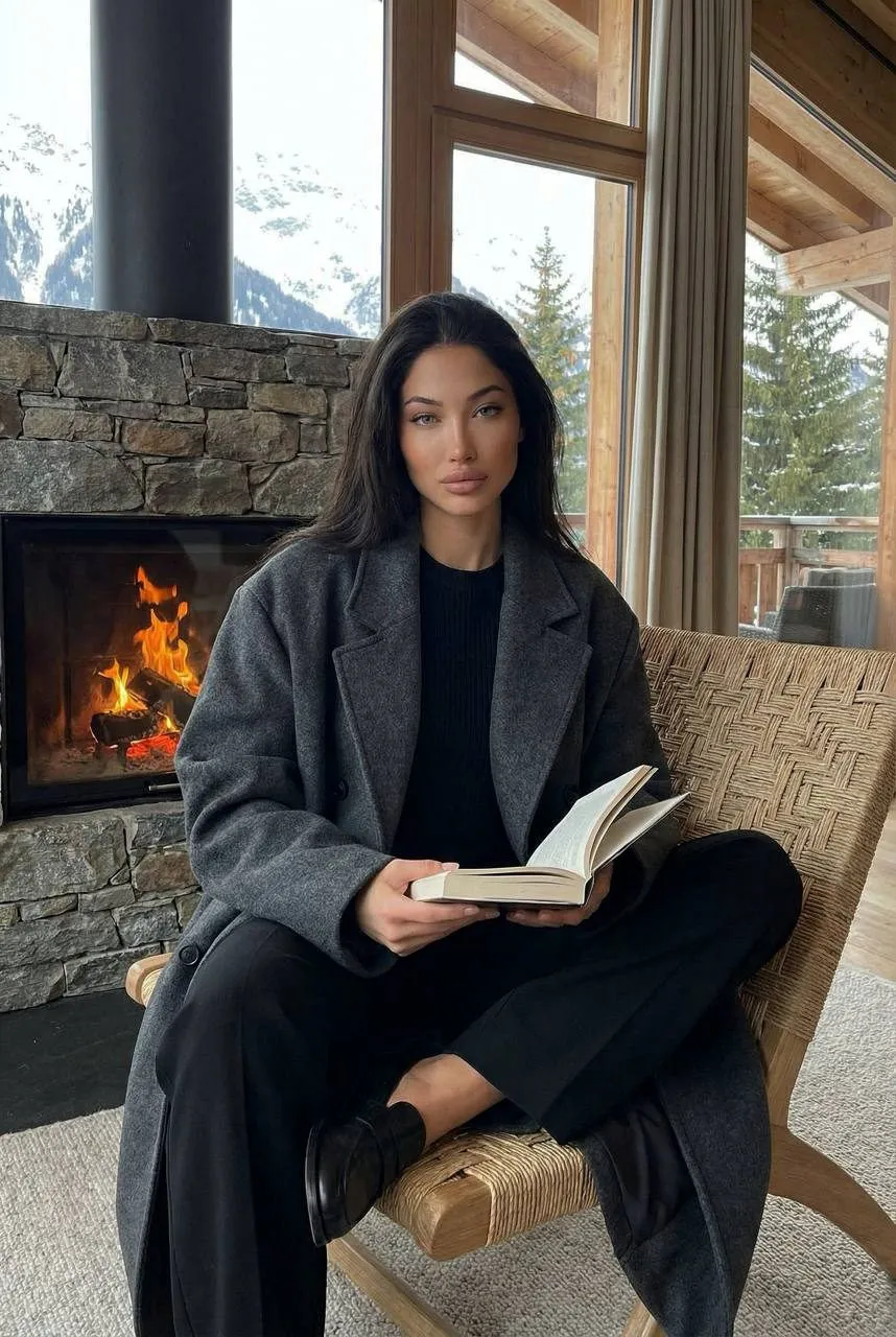 Alpine Interior Woman Book Fireplace Realistic