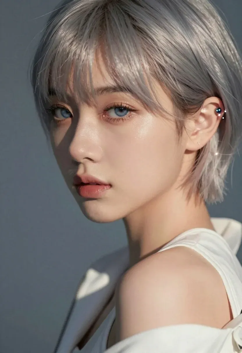 Close-up Portrait Young Woman With Short Silver Hair And Blue