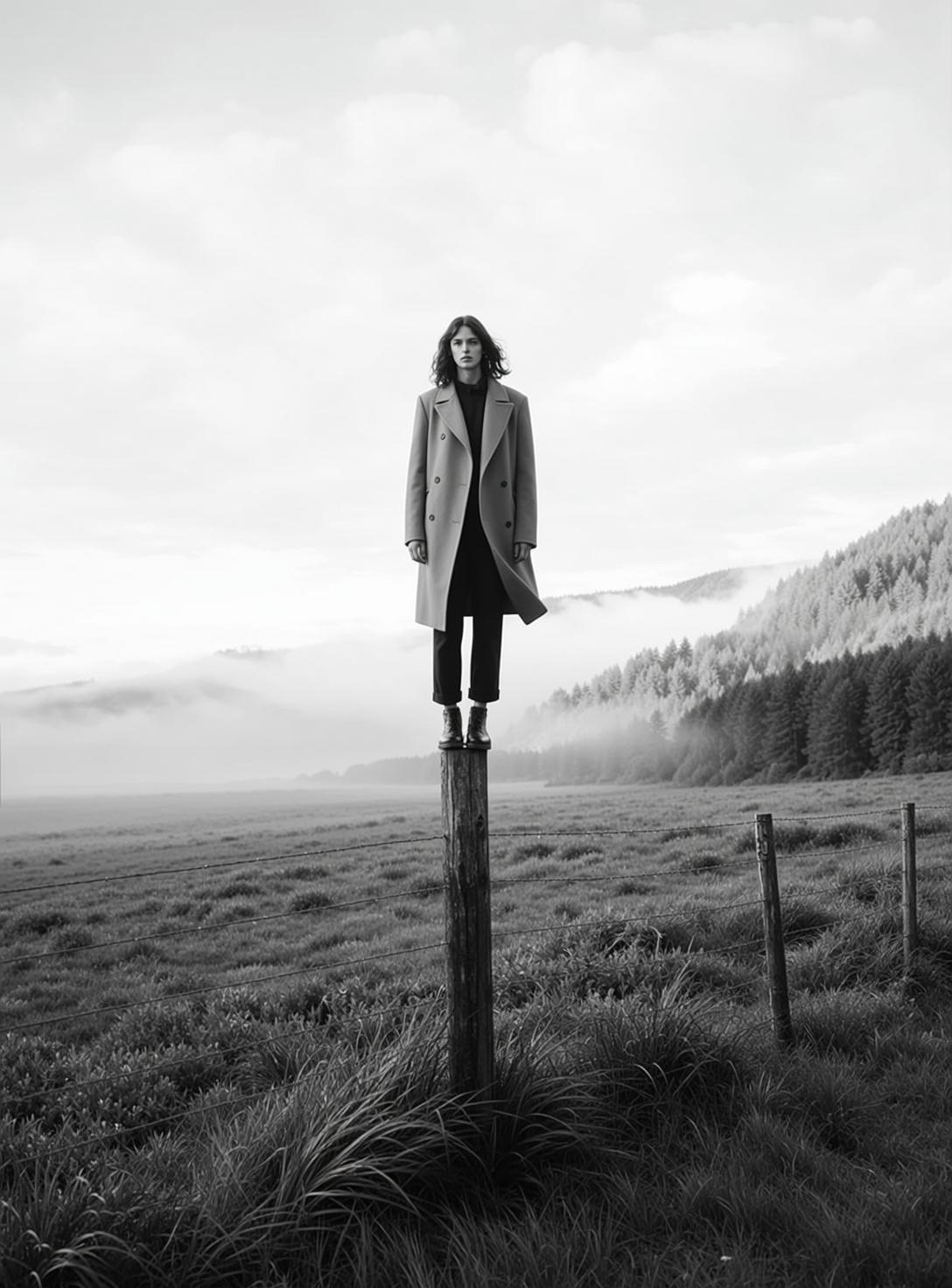 Dark Sweater and Trench Coat in Foggy Field