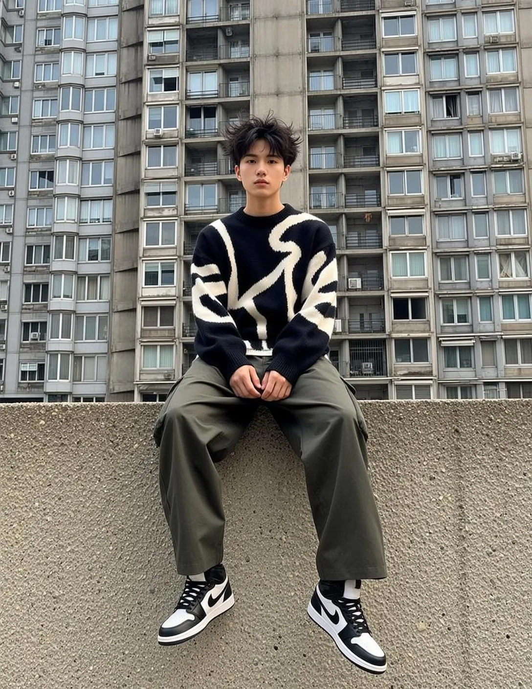 Asian Man Concrete Ledge Brutalist Building Street Style