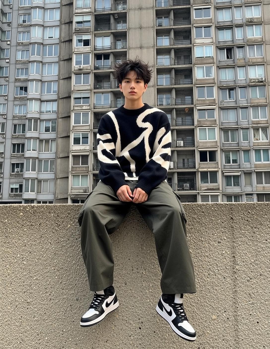 Asian Man Concrete Ledge Brutalist Building Street Style
