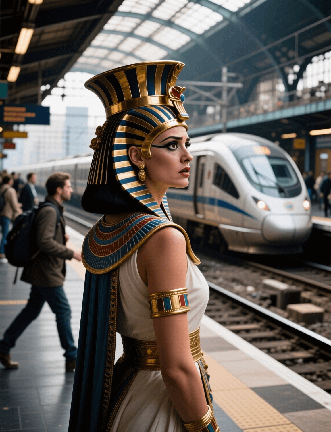 Pharaoh On Modern Train Platform Gold Blue Headdress