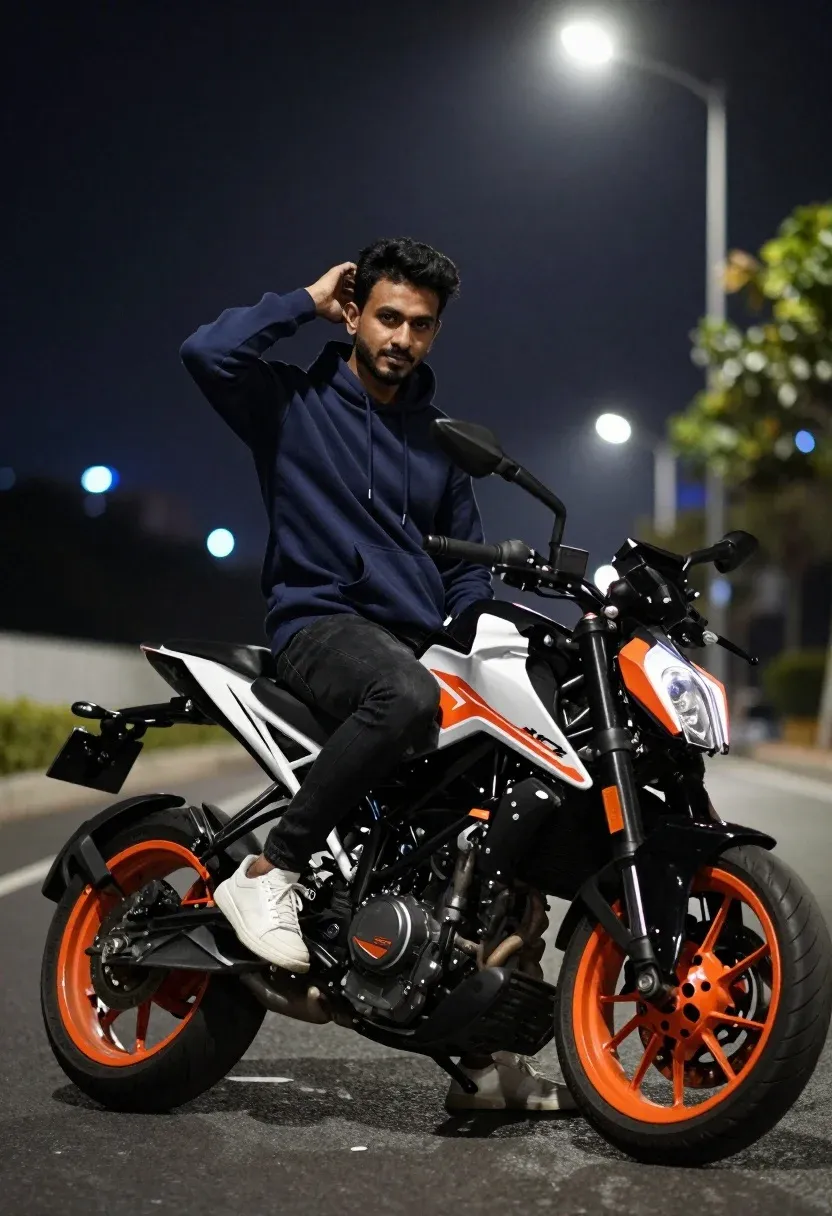 Man Sits Confidently Sport Motorcycle Night With City Lights Blurred