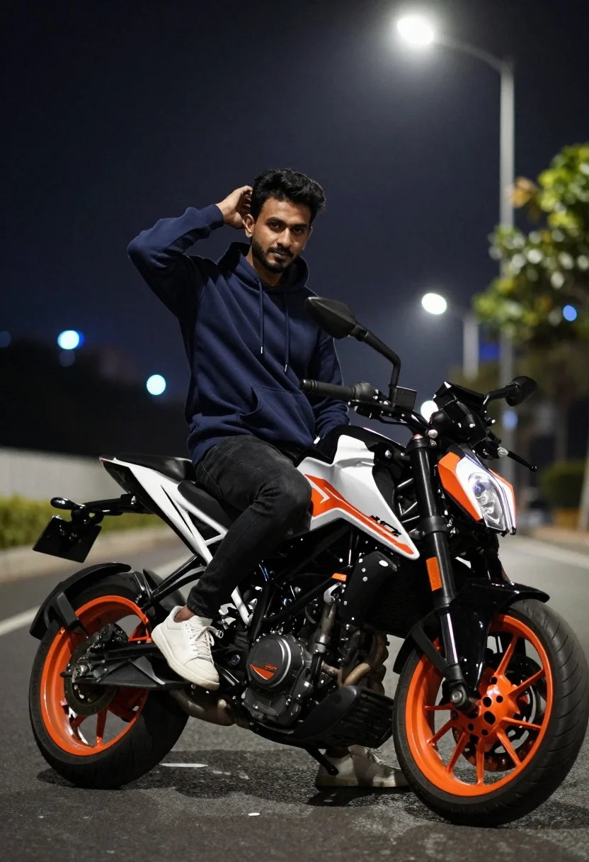 Man Sits Confidently Sport Motorcycle Night With City Lights Blurred