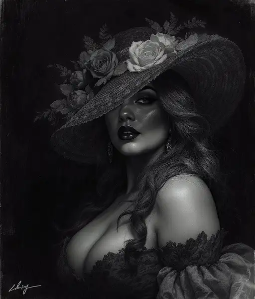 A dramatic charcoal drawing of a mysterious person wearing a stylish wide-brimmed hat, emphasizing shadows.