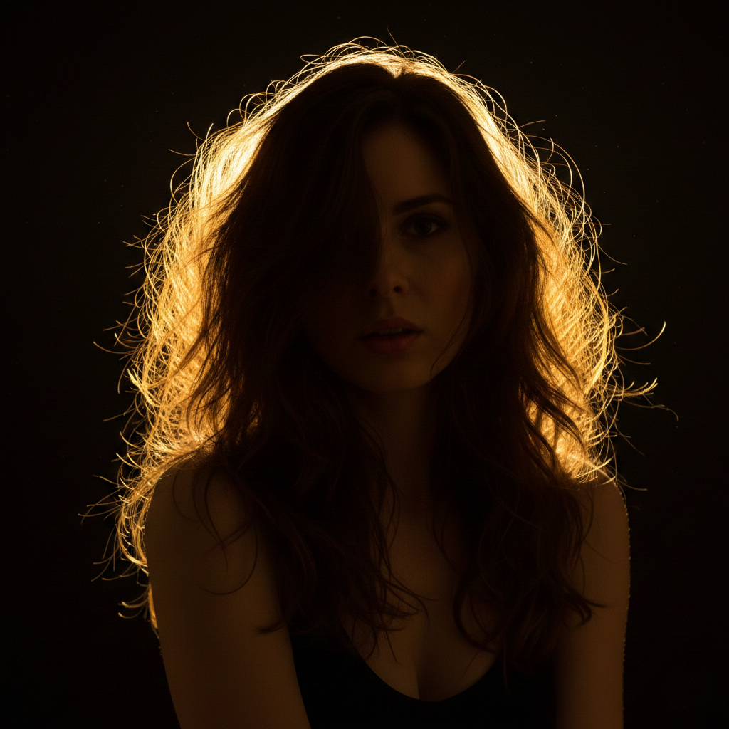 Portrait of a woman with loose, messy hair illuminated by a golden halo against a dark background.