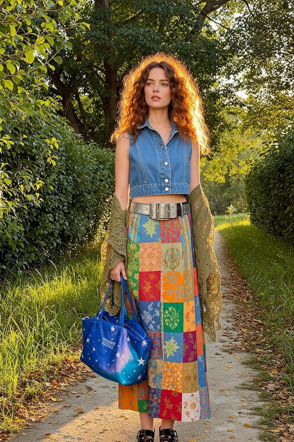 Auburn Curly Hair Floral Skirt Park Pathway