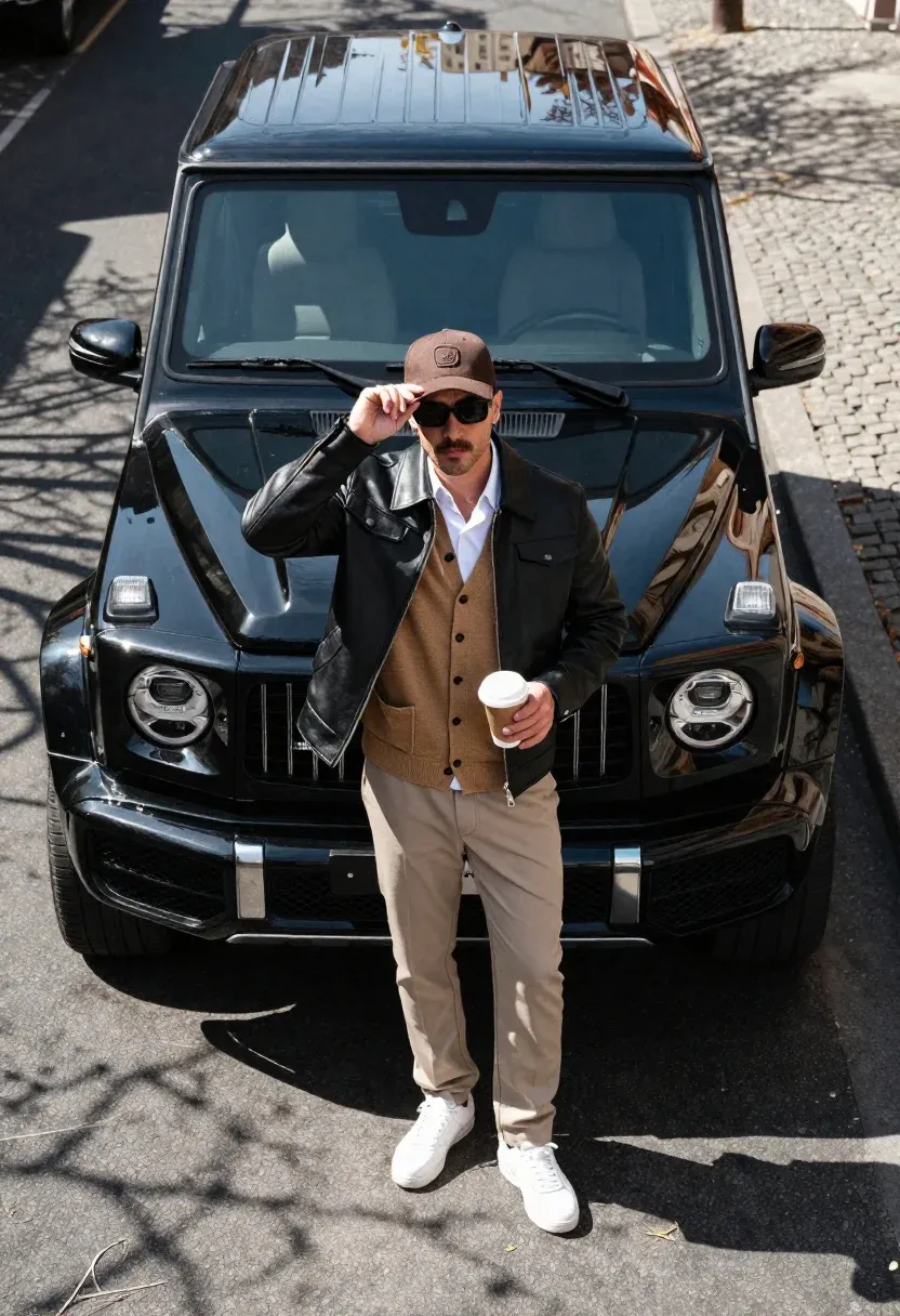 Stylish Man Stands Confidently Front Black Luxury Suv Sun-drenched City