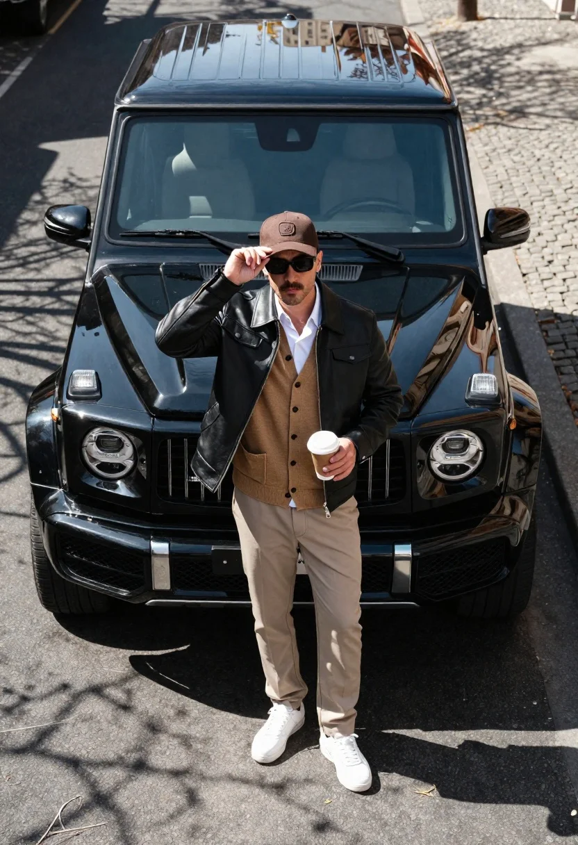 Stylish man standing confidently in front of a black luxury SUV on a bright city street.