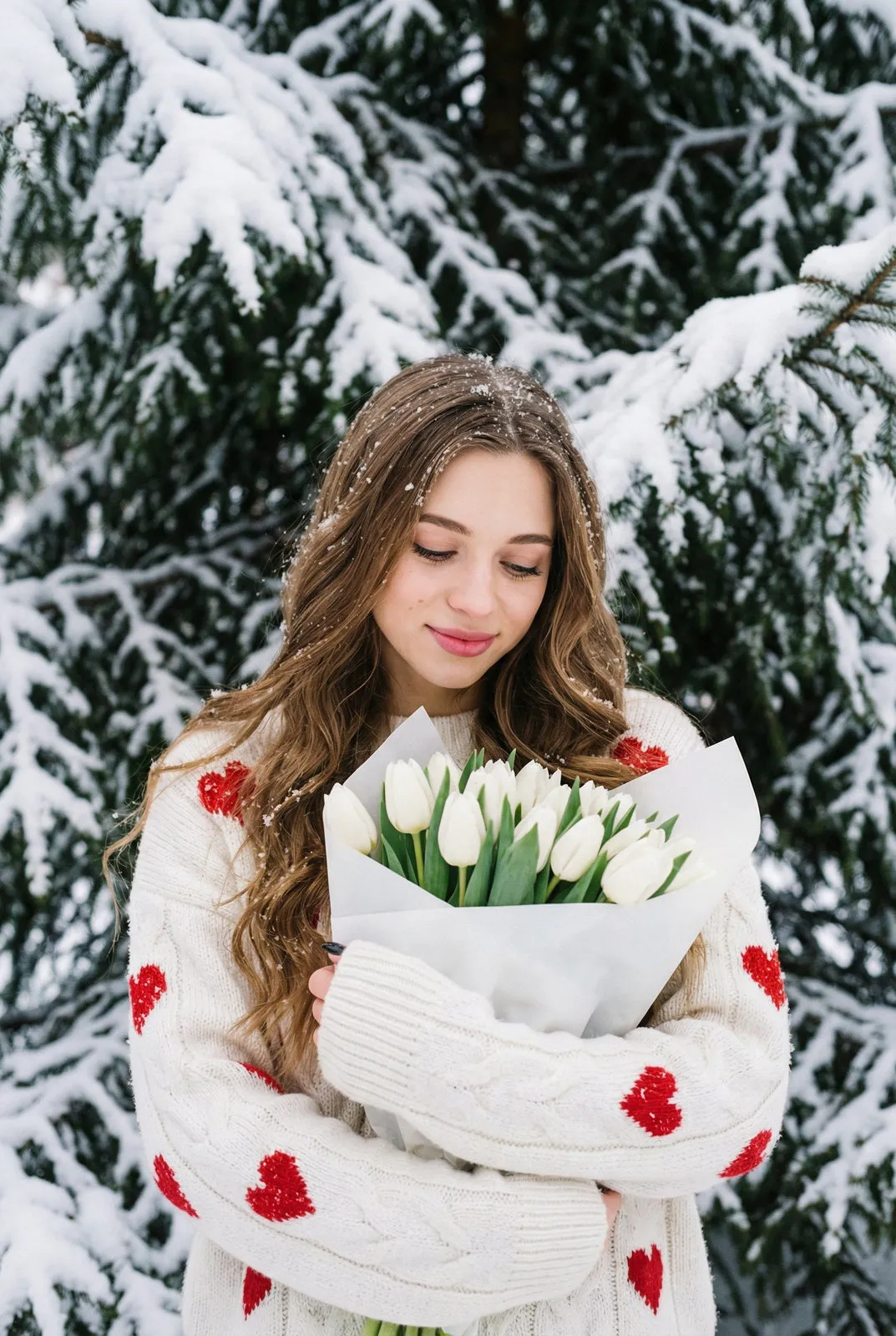 Tulip Bouquet In Snowy Forest