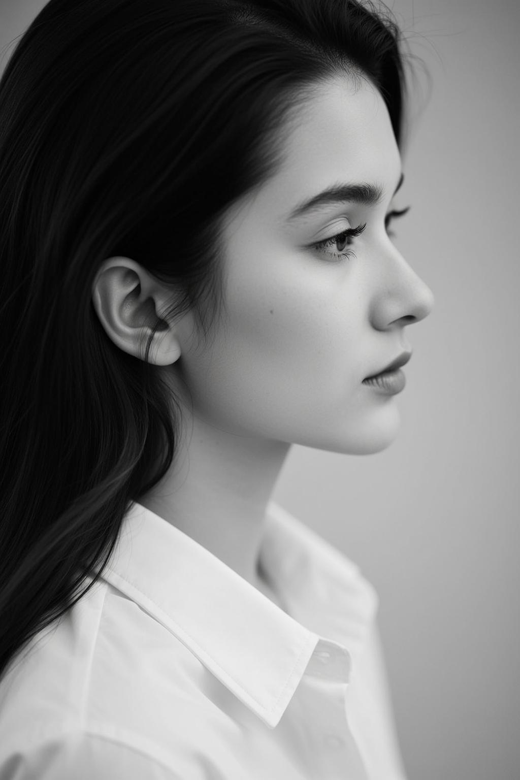 Black And White Medium Close-up Portrait Young Woman Profile Facing
