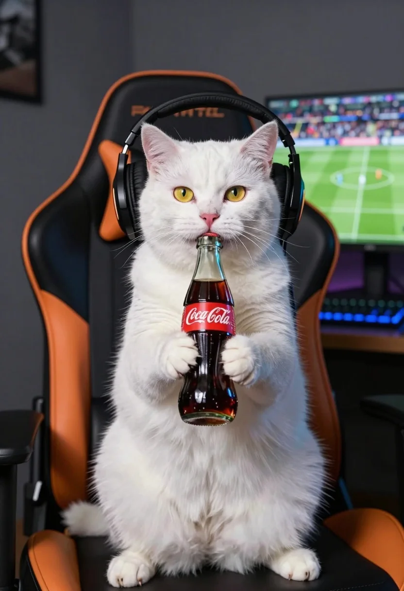 A fluffy white cat with yellow eyes sitting upright in a gaming chair wearing large black headphones, holding a Coca-Cola bottle.