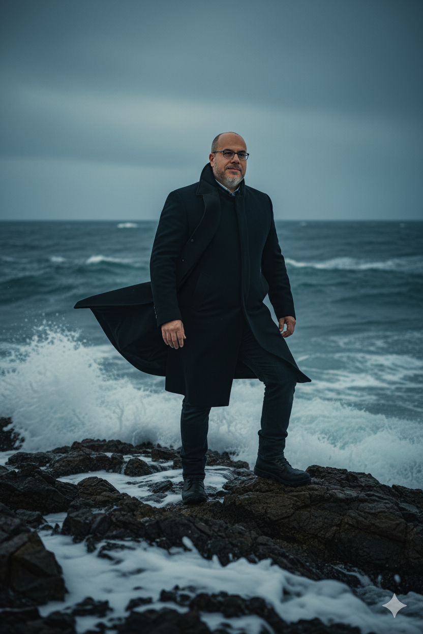 A man in a dark overcoat stands on rocks by a stormy ocean, gazing contemplatively to the side, waves crashing dramatically around him.
