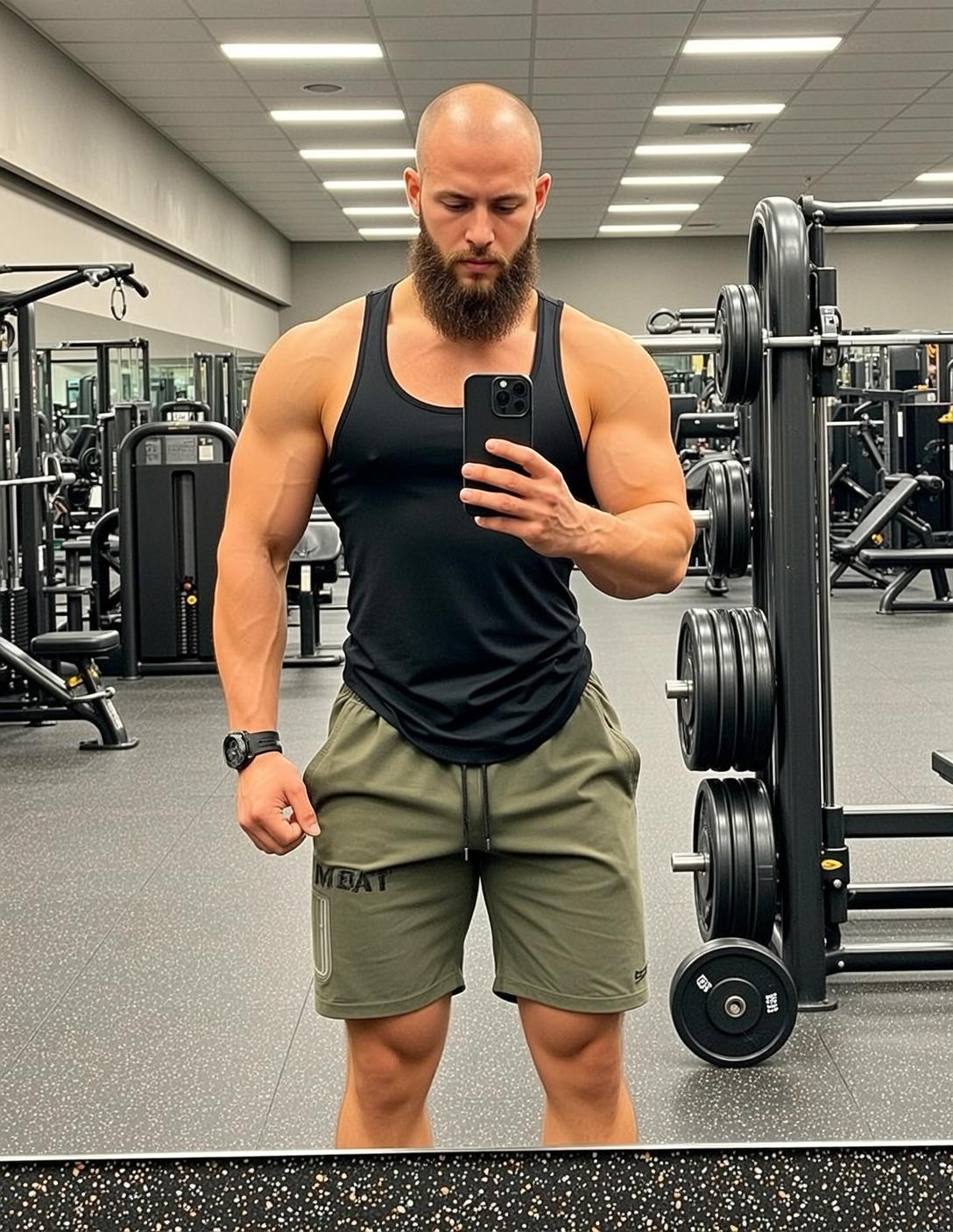Muscular Bald Full Beard Fair Black Tank