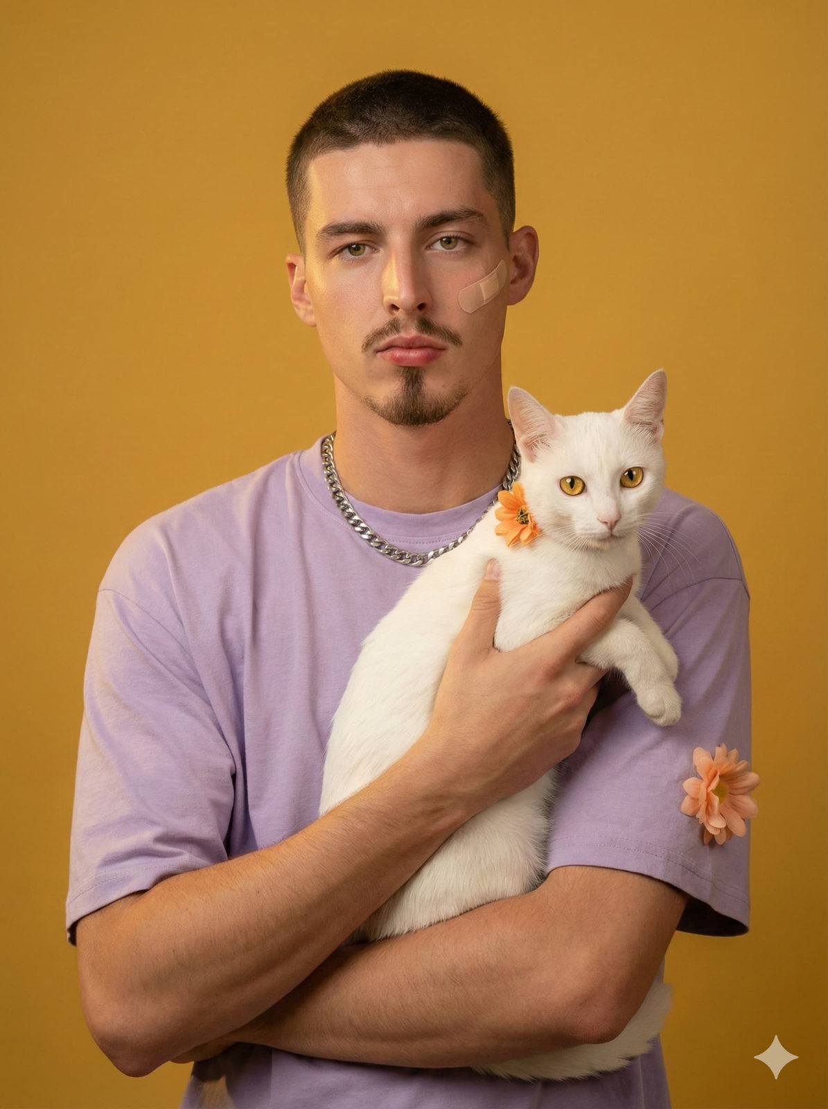 ultra-realistic portrait of a person wearing a pastel purple T-shirt against a mustard yellow background, holding a sleek cat