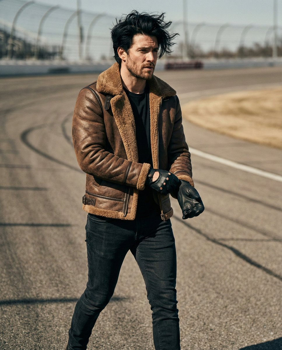 A confident man in a fitted t-shirt and leather jacket walking mid-stride at a NASCAR race track, showcasing a bold masculine presence.