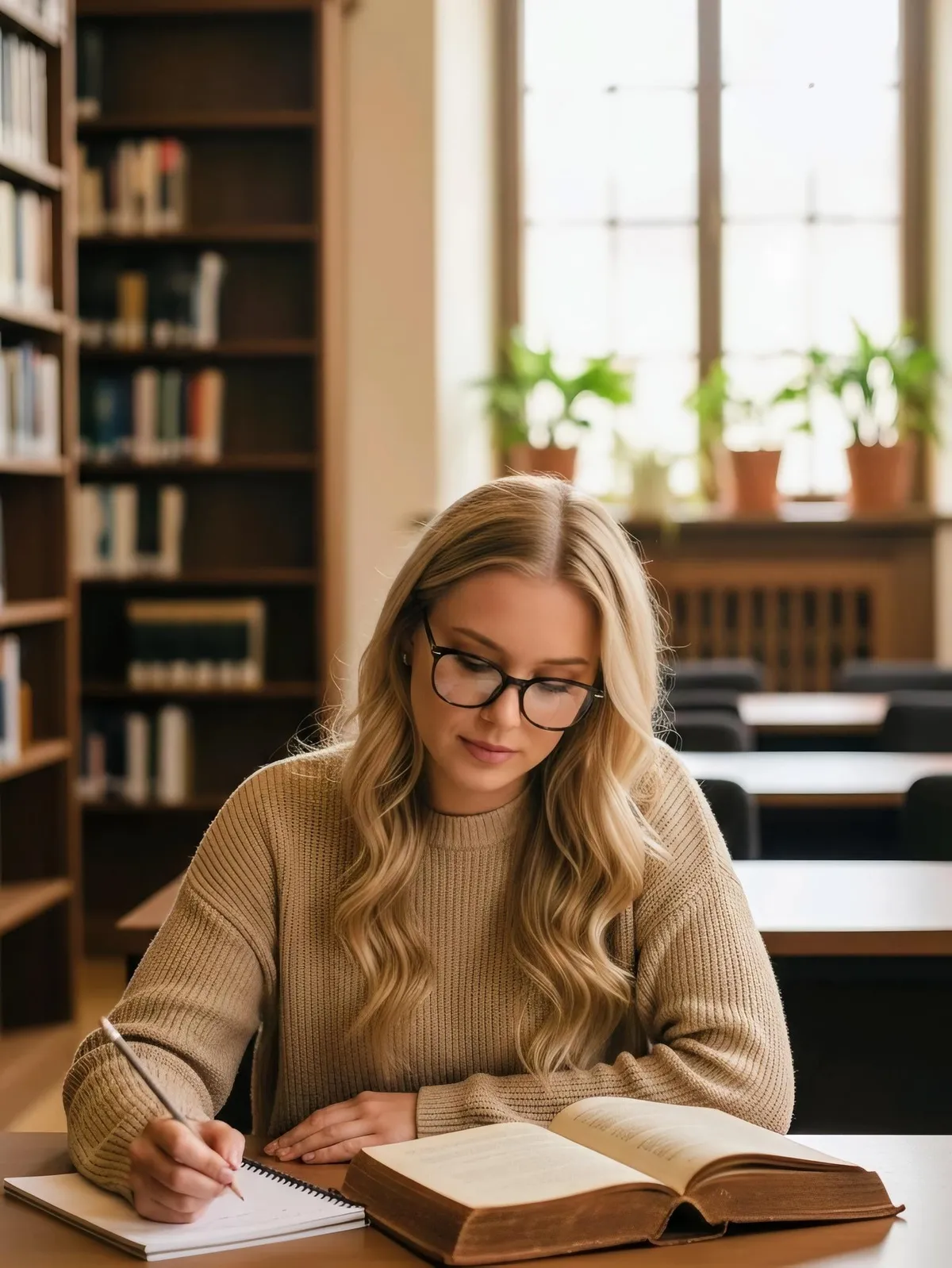 Writing At Library Table With Books