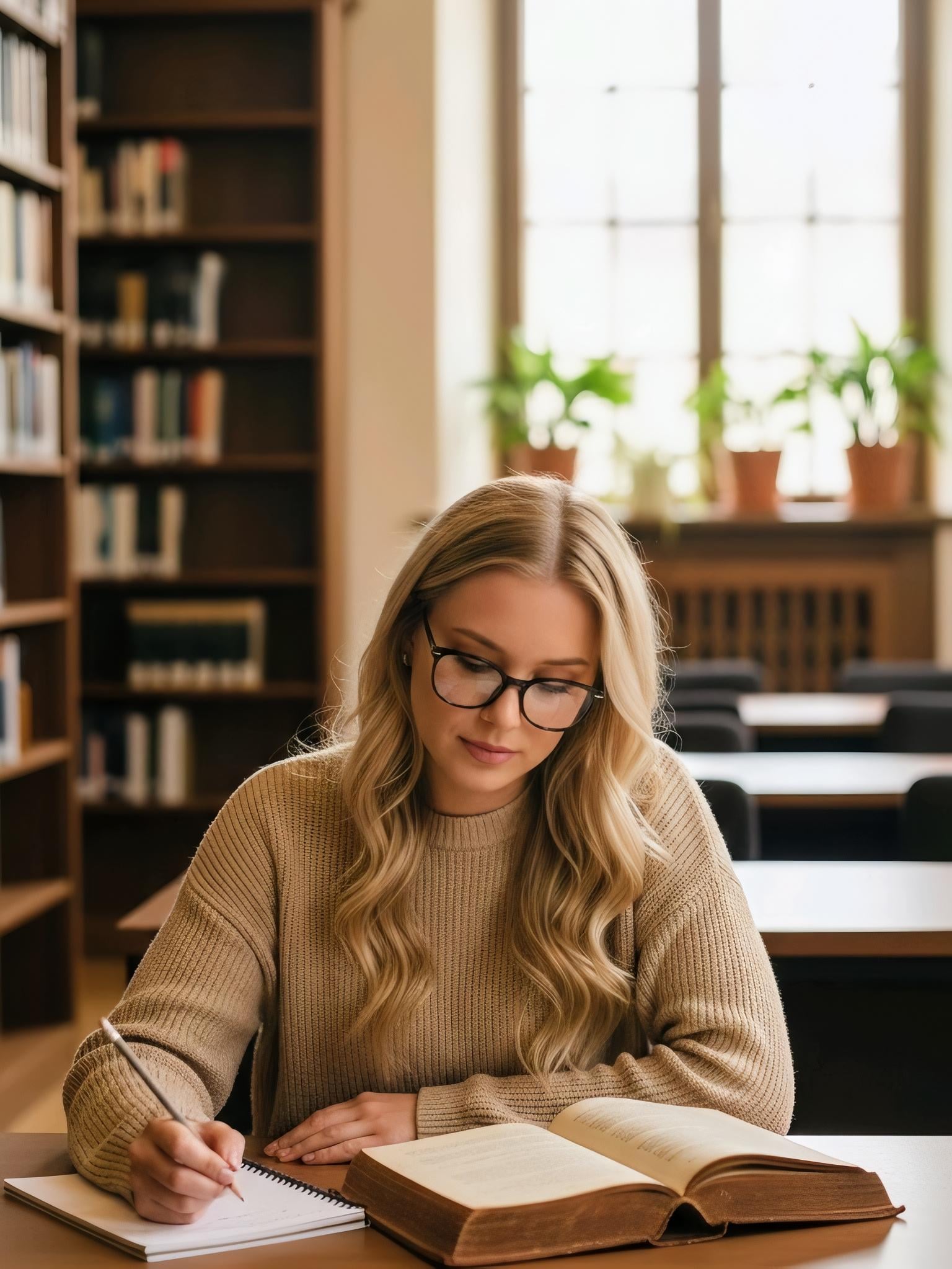 Writing At Library Table With Books
