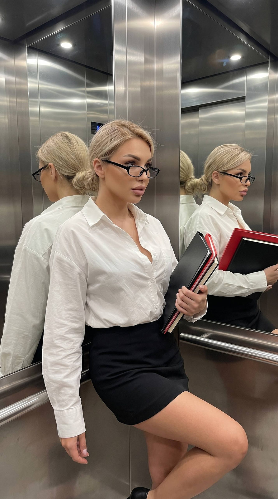 A girl wearing an oversized white shirt and black mini skirt leaning against a mirrored elevator wall, holding folders.