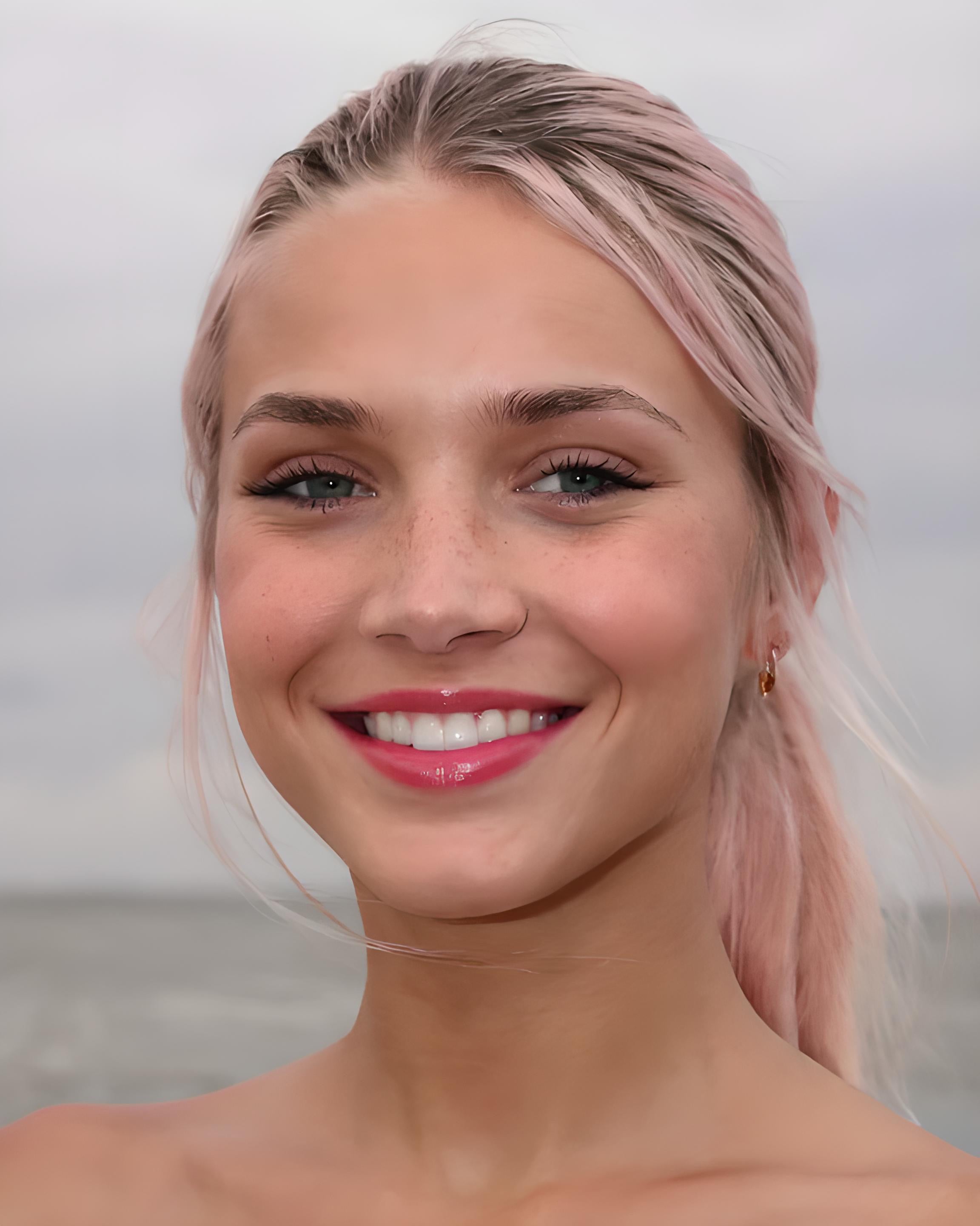 Overcast Beach Portrait Light Pink Hair Freckles