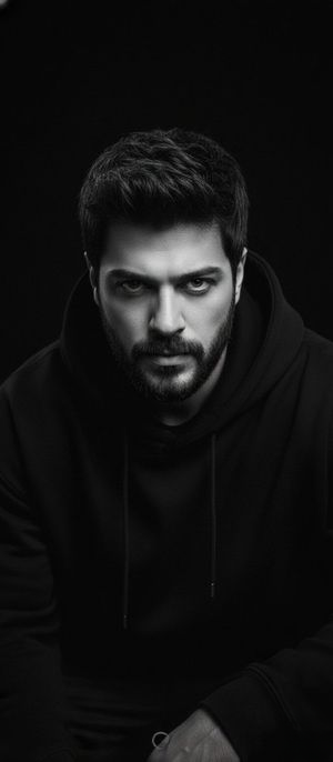 A striking black and white portrait with rich contrasts mimicking the 35mm lens aesthetics.