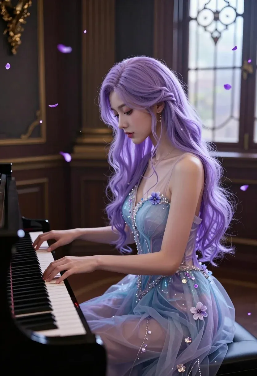 Young Woman With Long Lavender Hair Sits Gracefully Grand Piano