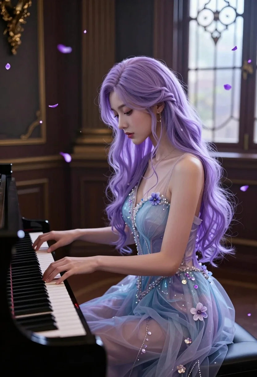A graceful young woman with long lavender hair sits at a grand piano, illuminated by soft, diffused light in an ornate room.