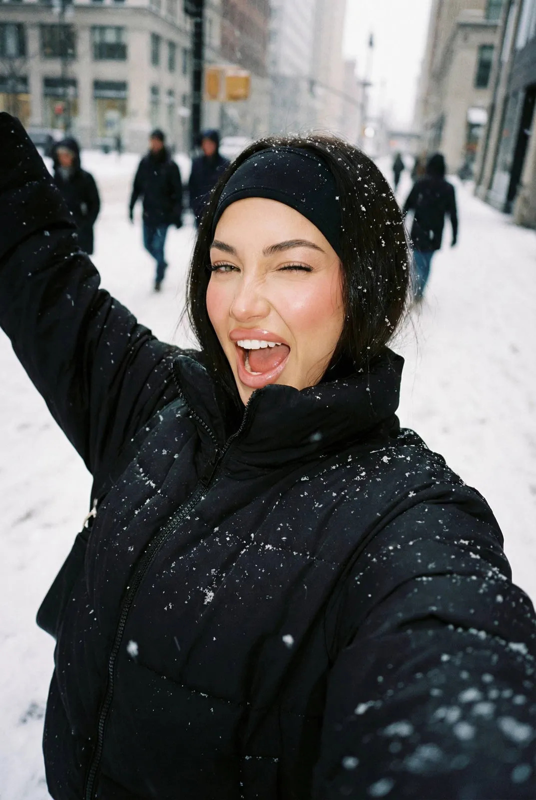 Young Woman Snowy Street Selfie Snowfall
