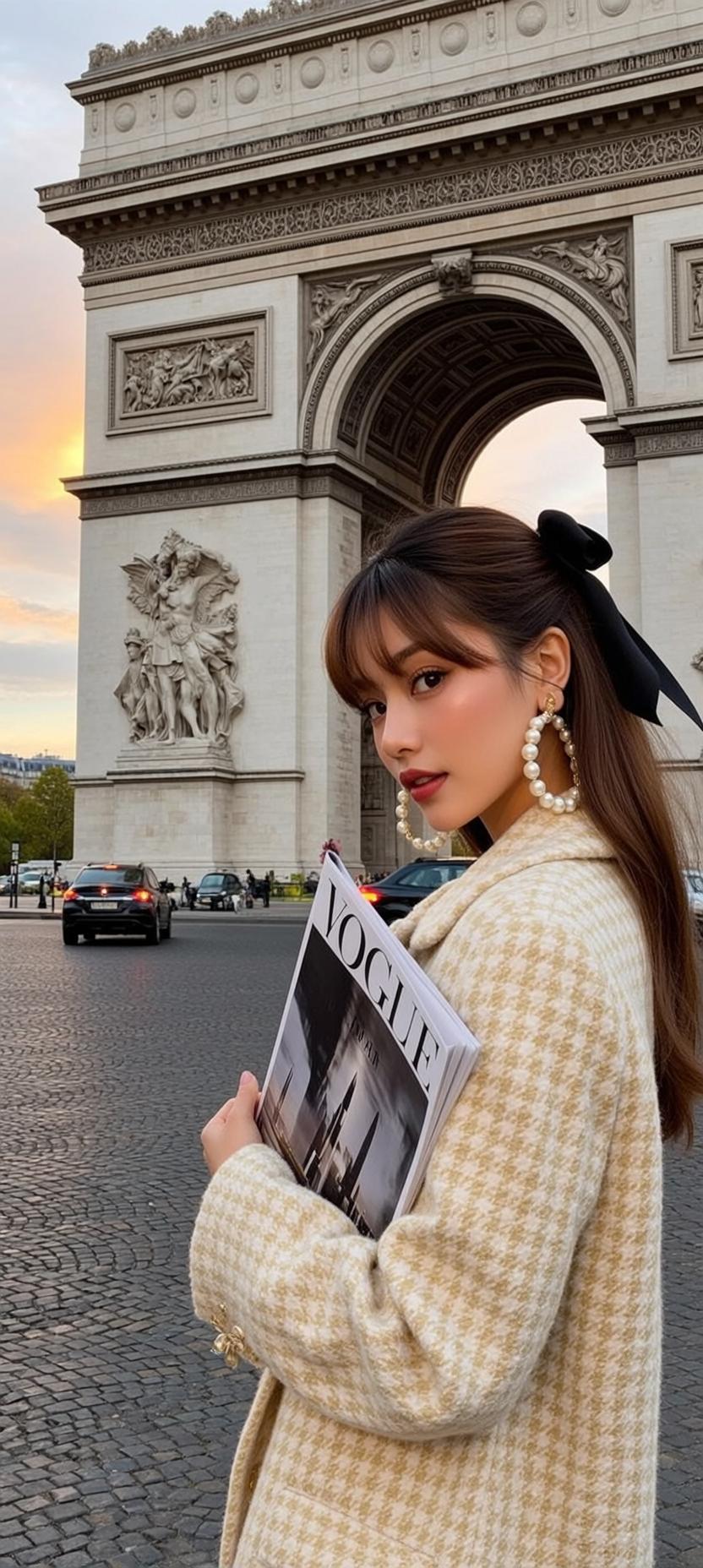 Paris Arc De Triomphe Houndstooth Coat Pearl Earrings
