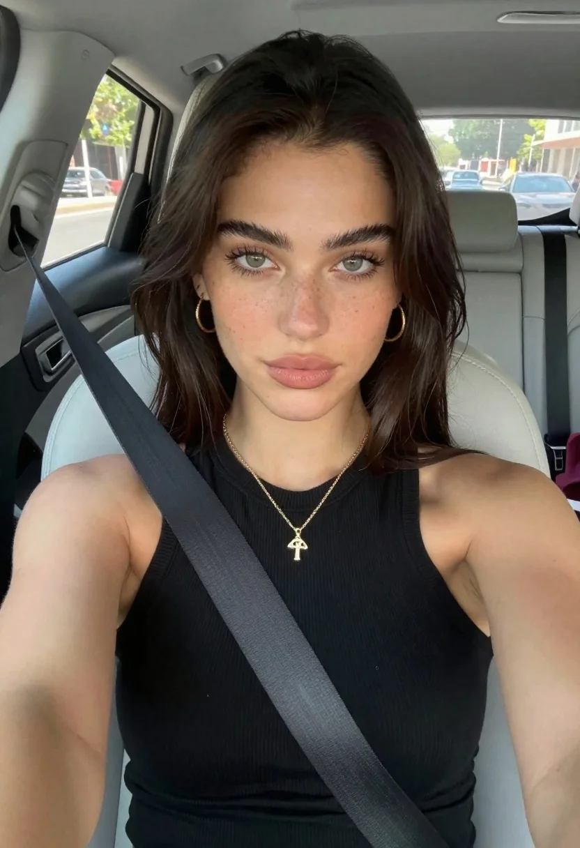 Young Woman With Long Dark Brown Hair Taking Selfie While reference photo