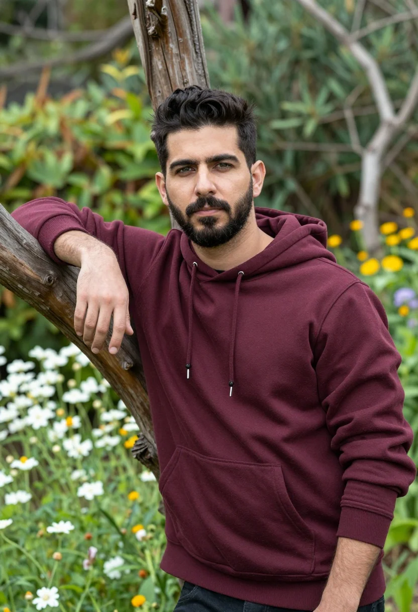 Confident Man With Dark Hair And Short Beard Stands Outdoors