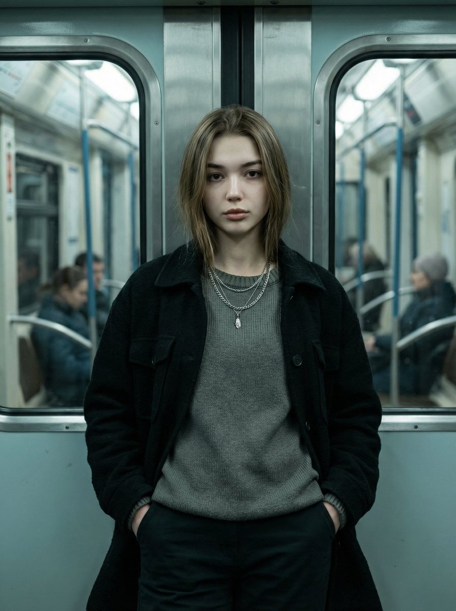 A confident woman in a dark jacket leaning against a subway door with intense expression, surrounded by subtle metro details.