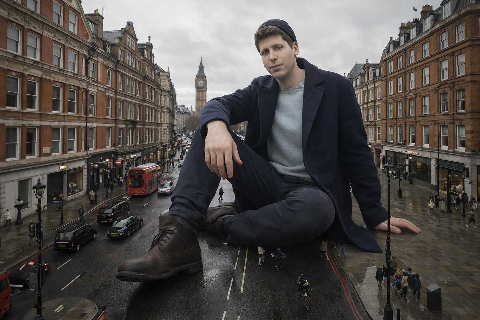 A colossal man casually sitting on a London street with tiny vehicles around him under soft overcast daylight.