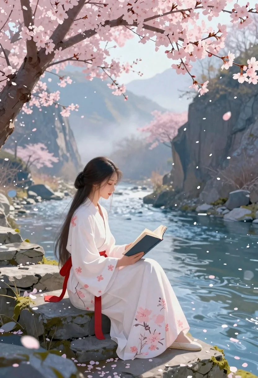 Serene Digital Painting Young Woman Sitting Stone Steps River Mountain reference photo