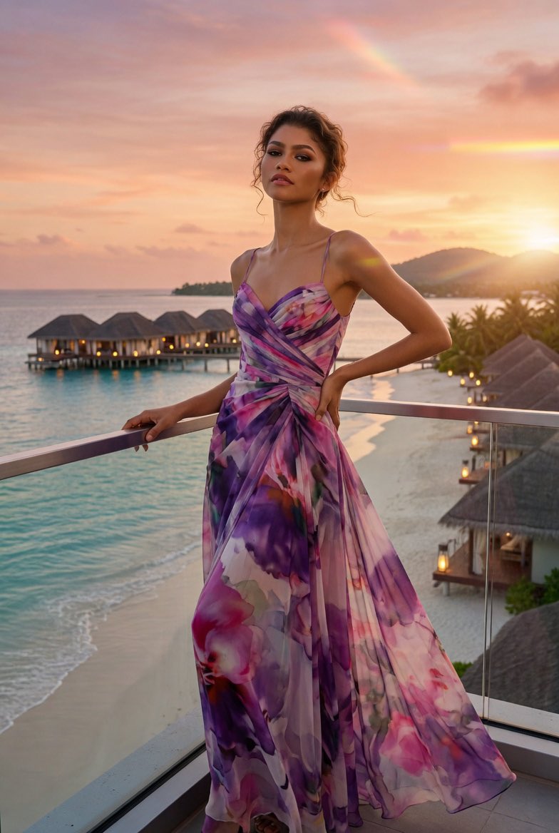 Woman in vibrant floral gown standing on balcony overlooking a tropical beach at sunset, with calm ocean water and sandy beach in background.